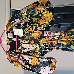 Aje Mimosa Cut Out Midi Dress Puff Sleeves Pockets Midnight Floral Fits 14 NWT